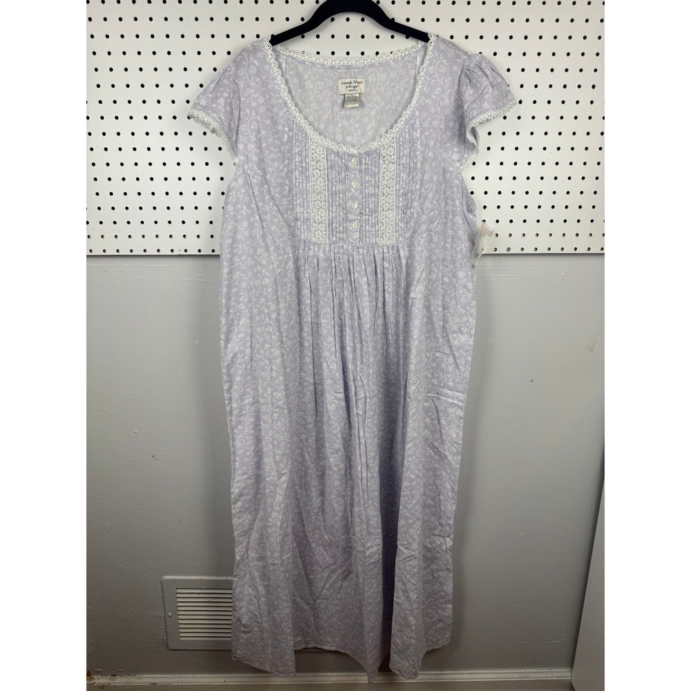Amanda Stewart Lavender Floral Cotton Nightgown Lace Trim Maxi Sleepwear Large